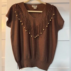 VINTAGE Brown Fringe Sweater, Short-sleeve,
Size L “Campus Casuals”
